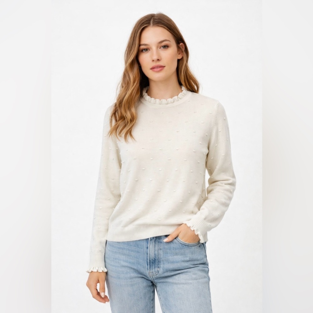 Corazon Long Sleeve Ruffled Sweater Thread Bobbles Swiss Dot Cream Women's M/L